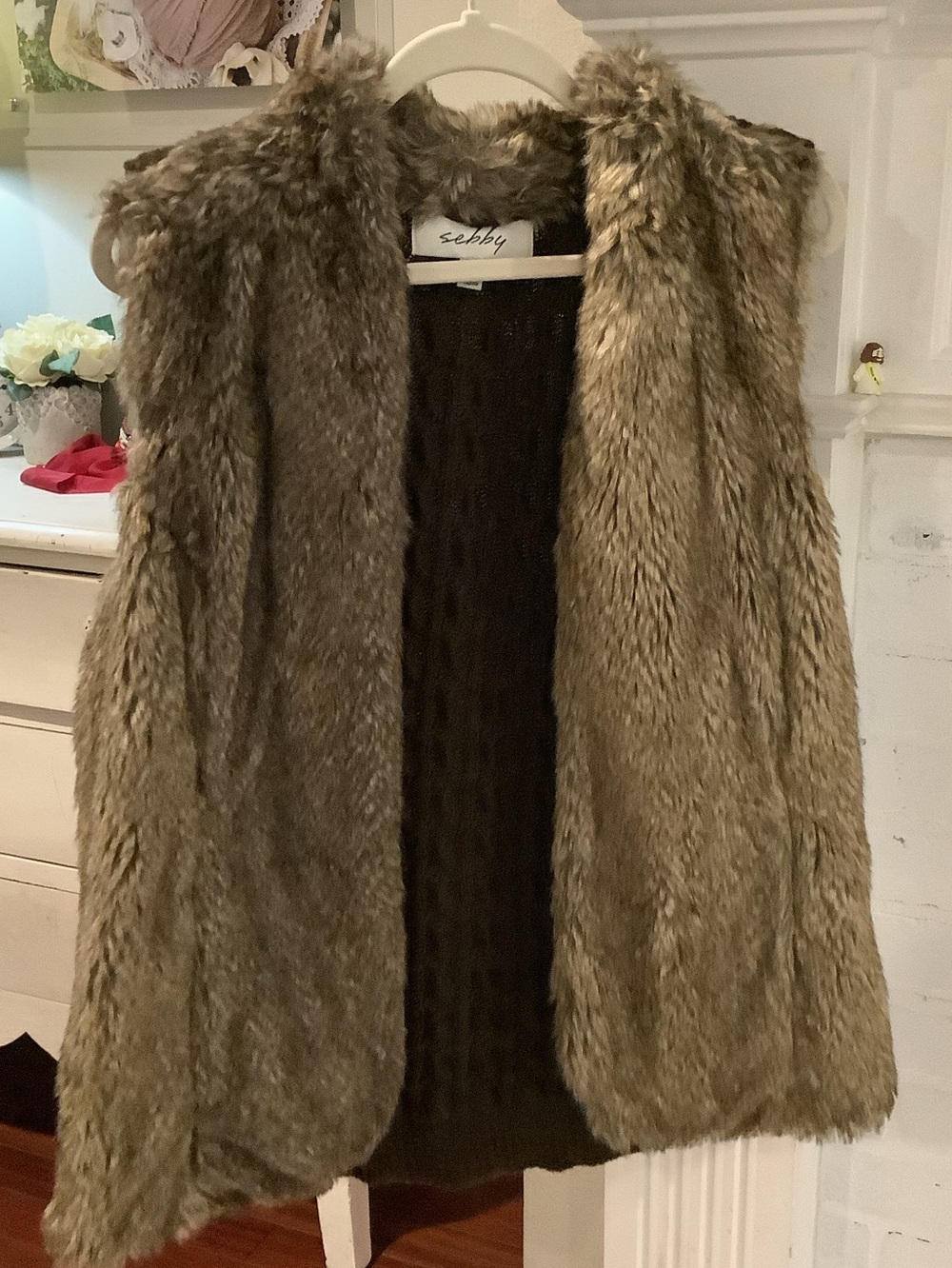 Sebby Faux Fur Collar Knit Vest in Brown